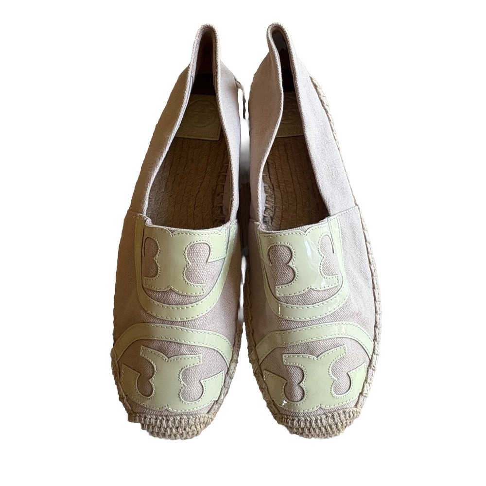 $298 NWOT TORY BURCH Espadrille Loafers Pink w/Cream Patent‎ Leather Logo SZ 9.5